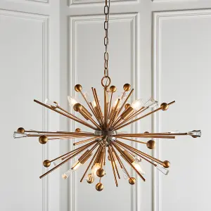 Large Multi Arm Ceiling Pendant Light - Antique Brass Rods - 8 Bulb Fitting