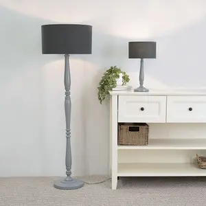 ValueLights Victoria Traditional Grey Wood Candlestick Table Lamp with Charcoal Drum Shade