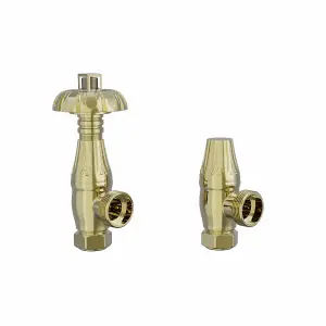 Rinse Bathrooms Traditional Antique Style Brass Thermostatic Radiator Valve Lockshield Heated Towel Rail Angled TRV Polished Brass