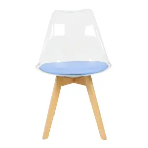 Soho Clear and Blue Plastic Dining Chair with Squared Light Wood Legs