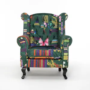 Fabric Green Patchwork Chesterfield Wingback Chair