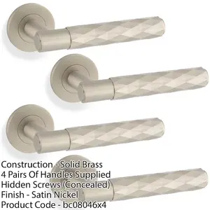 4 PACK - PAIR Diamond Lever on Round Rose Door Handle - Satin Nickel Concealed Screw