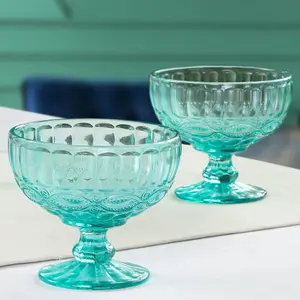 Set of 6 Vintage Turquoise Blue Glass Trifle Bowl and Dessert Bowls