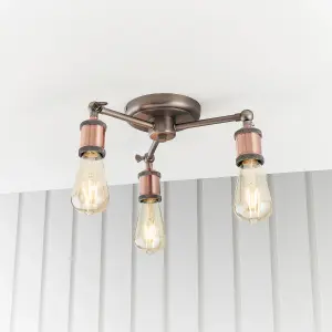 Haven Aged Pewter and Aged Copper Industrial 3 Light Semi Flush Ceiling Light