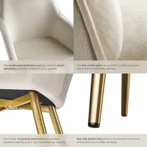 Chair Marilyn - with armrests, padded, velvet look, golden steel legs - cream/gold