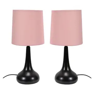 Riorita Pair of Chrome Touch Table Lamps with Fabric Shade and LED Bulbs Matt Black / Blush Pink / Yes