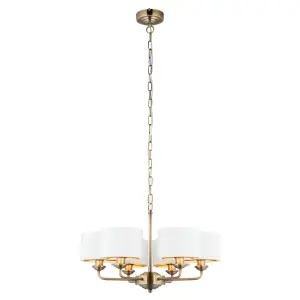 Haywood Antique Brass with Vintage White Faux Silk Shades Classic Modern 6 Light Ceiling Pendant