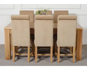 Dakota 182 x 92 cm Chunky Oak Large Dining Table and 6 Chairs Dining Set with Washington Beige Fabric Chairs