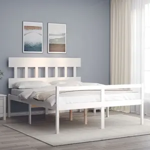 Berkfield Bed Frame with Headboard White King Size Solid Wood