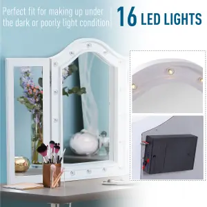 HOMCOM Lighted Tri-Fold Vanity Mirror Large Cosmetic Mirror w/ LED Lights White