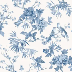 Amie Jardin Chinoiserie Blue Floral Wallpaper Roll Bedroom Hallway Wall Decor Full Roll