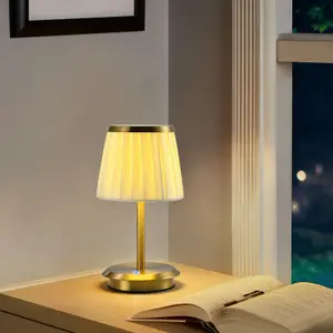 HARPER LIVING Bedside Lamps, Vintage Touch Table Lamp with Linen Fabric Shade, Gold