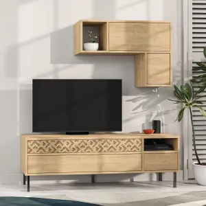 Decortie Heaton Modern TV Unit Oak with Storage and Wall Shelf 144.6cm