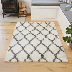 Cream Grey Neutral Trellis Scandi Shaggy Living Area Rug 160x220cm