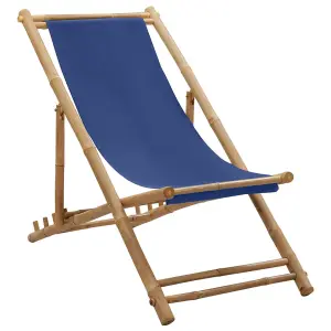 Berkfield Deck Chair Bamboo and Canvas Navy Blue