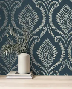 Crown Estelle Damask Navy Wallpaper M1758