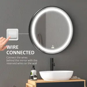 kleankin Wall Mounted Round LED Bathroom Mirror with 3 Light Colours, Black