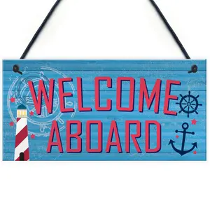 Red Ocean Welcome Aboard Nautical Seaside Marine Theme Gift Hanging Plaque Bathroom Bedroom Boat Sign