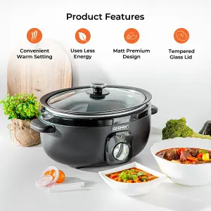 Geepas 6.5 Litre Slow Cooker 3 Temperature Settings, Removable Easy-Clean Aluminum Bowl Tempered Glass Lid & Cool Touch Handle