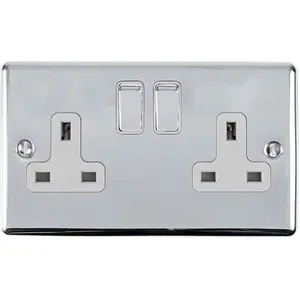 10 PACK 2 Gang Double UK Plug Socket POLISHED CHROME 13A Switched White Trim