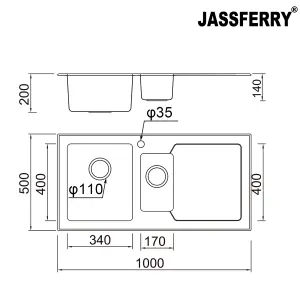 JASSFERRY Black Glass Top Kitchen Sink Stainless Steel One Half Bowl Right Hand Drainer, 1000 X 500 mm