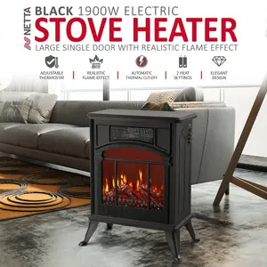 NETTA 1900W Freestanding Stove Heater With Realistic Fire Flame Effect