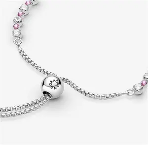 Pandora Pink & Clear Sparkle Slider Bracelet - Silicone / Sterling Silver / Mixed Stone / Pink - Sz. 25 cm