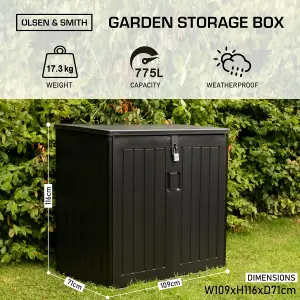 Olsen & Smith 775L Capacity Outdoor Garden Storage Box With Padlock Plastic Shed Wheelie Bin Box Cabinet