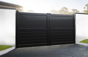 Double Swing Gate 3750x2000mm Black - Horizontal Solid Infill and Flat Top