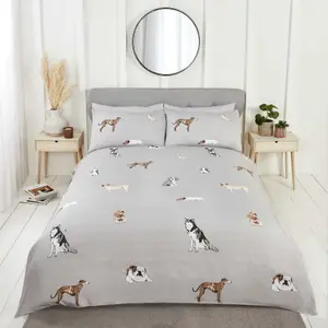 Paws and Tails Reversible Duvet Cover Set Dogs and Stripes Bedding Grey