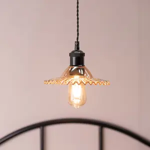 ValueLights Lucrezia Black Hanging Ceiling Pendant Light Fitting with Amber Frilled Glass Lampshade