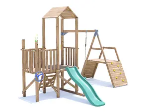 Dunster House Wooden Climbing Frame with Swing, Climbing Wall & Slide BalconyFort High Platform