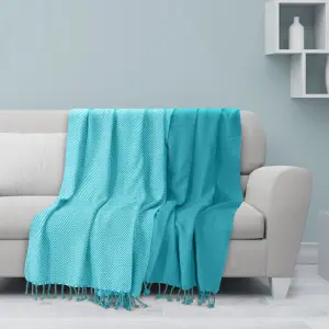 EHC Luxury Pack of 2 Chevron Cotton Single Sofa Throw Blanket, 125x 150cms - Teal