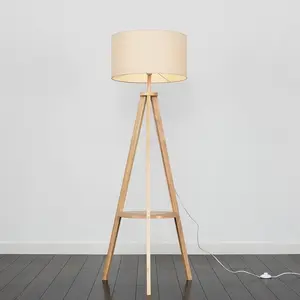 Ismay 149 cm Morrigan Wood Tripod Floor Lamp with Shelf & XL Reni Shade Light Brown / Biege / No