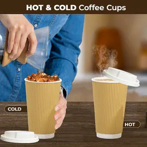 ECONX 16oz Takeaway Coffee Cups with White Lids Triple Walled Insulated Disposable Ripple Coffee Cups (Pack of 100)