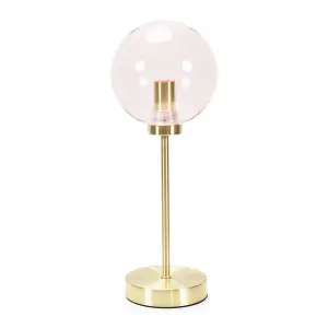 ValueLights Frenchie Brushed Gold Metal Table Lamp with Pink Tinted Glass Globe Shade - LED Bulb Included