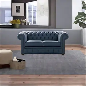 Chesterfield 2 Seater Shelly Suffolk Blue Real Leather Sofa Settee Bespoke In Classic Style