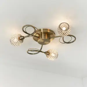 Anson Lighting Koln 3lt Ceiling Light in  Antique brass plate & antbrass clear