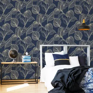 Boutique Royal palm Sapphire Gold effect Leaf Textured Wallpaper