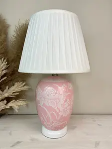 Pink Floral Ceramic Table Lamp with Pleated Shade