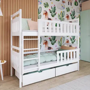 Modern Wooden Bunk Bed Monika with Storage in White with Bonnell Mattresses