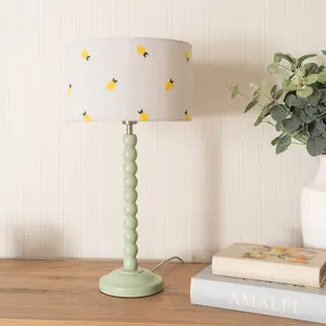 ValueLights Bobbins Sage Green Table Lamp with Lemon Embroidered Drum Lamp Shade