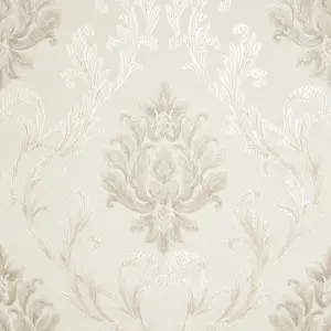 Aurora Damask Wallpaper In Shimmering Ivory With Shades Of Silver