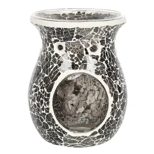 Grey Glass Flared Oil, Wax Melt Burner. Mirrored Crackle Effect. H14 cm