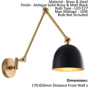 Wall Light - Antique Solid Brass & Matt Black - 10W LED E27 - Dimmable - e10392