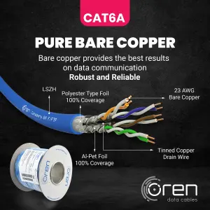 Oren CAT6A 50m Ethernet Cable - 23 AWG Pure Copper Wire - 500 MHz Bandwidth U/FTP Internet LAN Network Cable - Halogen Free