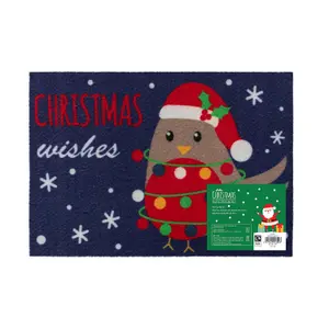 JVL Christmas Machine Washable Door Mat - 40x57cm - Robin