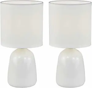 Set of 2 White Ceramic 26cm Table Lamps or Bedside Lights with Matching Fabric Shades, LED Compatible