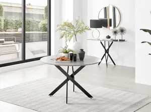 Furniturebox UK Novara Grey Concrete Effect Black Leg 120cm Round Dining Table & 6 Grey Velvet Milan Chairs