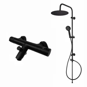 ENKI Dune Black Dual Rigid Riser Brass Thermostatic Overhead Shower & Handheld Kit 300mm